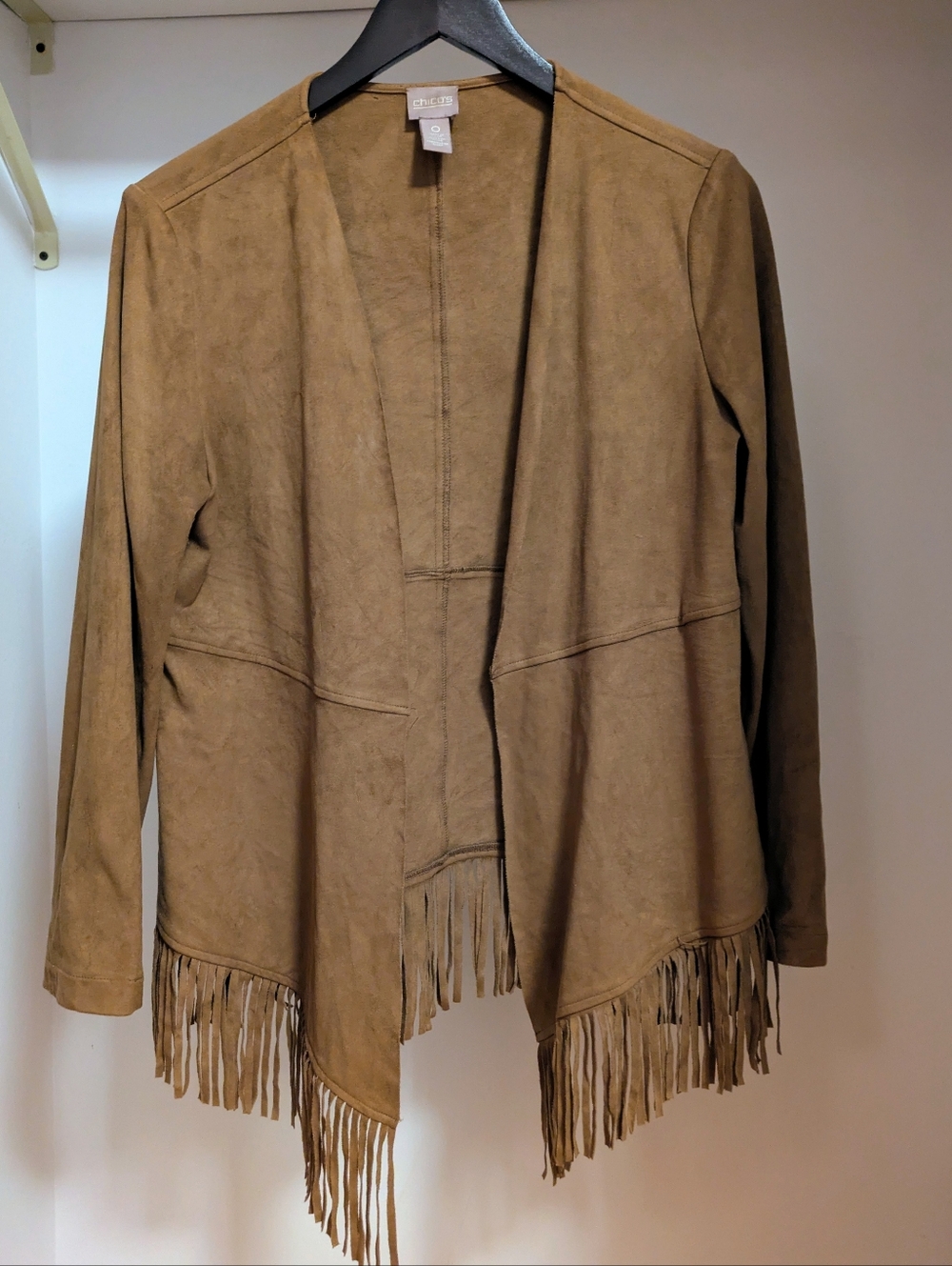 Chico's Tan Fringe Open-Front Faux Suede Jacket